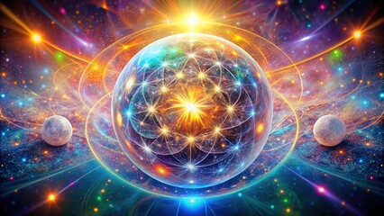 Fototapeta premium A cosmic sphere of interconnectedness, radiating light and energy within a celestial tapestry of stars, planets, and swirling nebulae.