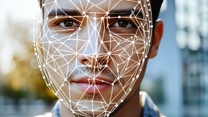 Young man showcases digital payment system with facial recognition technology, enhancing security and convenience in modern transactions. - Powered by Adobe