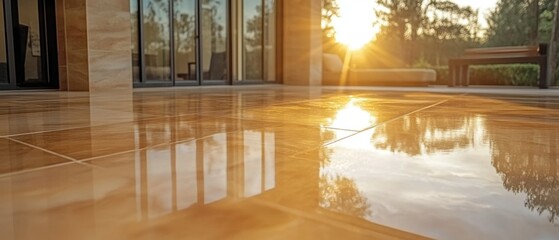 Gleaming tile floor reflecting golden sunset light in modern home with tranquil outdoor patio view
