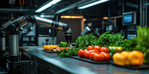 Automated kitchen setup with robotic arms preparing meals, showcasing AI-driven culinary innovation, futuristic home technology,smart cooking solutions for efficiency convenience.copy space,banner