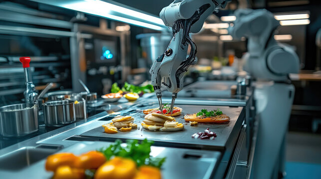 Automated kitchen setup with robotic arms preparing meals, showcasing AI-driven culinary innovation, futuristic home technology,smart cooking solutions for efficiency convenience.copy space,banner