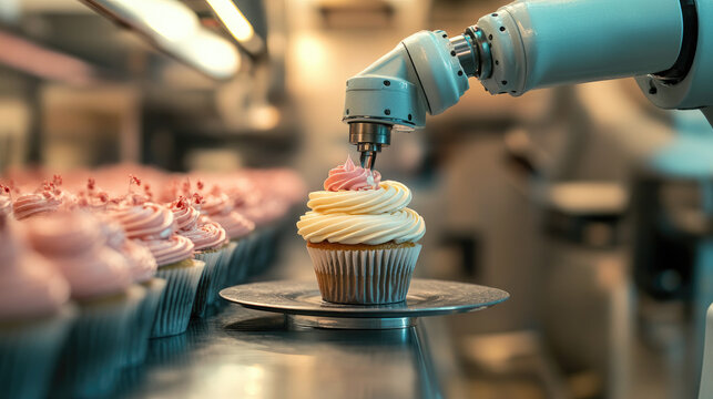 Automated kitchen robotic arms preparing dessert cake, showcasing AI-powered culinary innovation, futuristic home technology smart cooking solutions that bring efficiency convenience.copy space,banner
