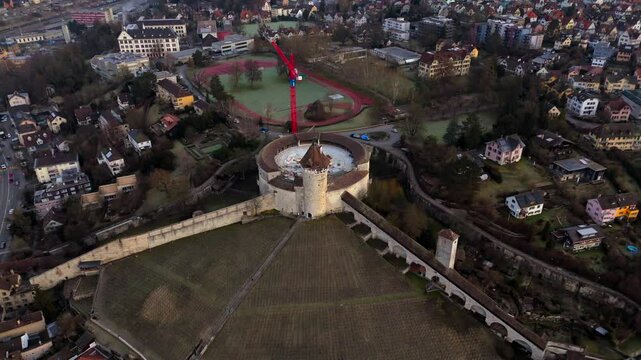 Fort Munot, Schaffhausen, Switzerland aerial view in winter warm weather at dawn. Munot ist Zirkularfestung im Zentrum schweizerischen Stadt Schaffhausen auf Emmersberg in der Schweiz Luftaufnahme. 