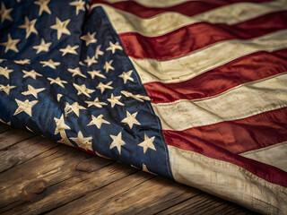 Fototapeta premium The American Flag: A close-up shot of a weathered and worn American flag with stars and stripes draped over a rustic wooden surface, evoking a sense of history and patriotism.