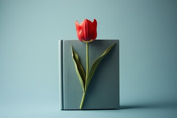Fototapeta premium A Red Tulip Rests Upon An Open Gray Book With Leaves