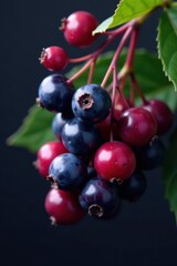 Cluster of dark purple-black aronia berries, isolated , white background, glossy, antioxidant