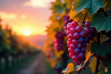 Crimson grapevine ablaze at sunset, clusters of ripe fruit gleam , october, rural, autumn