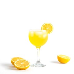 Fototapeta premium Iced Lemonade in Glass with Lemon Slice and Citrus Halves on White Surface