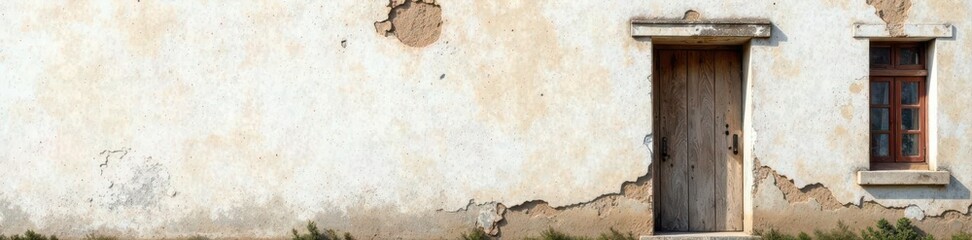 Flaking stucco, derelict building, architectural detail, faded white , worn, backdrop, architecture