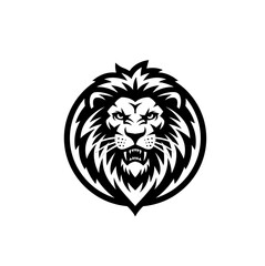 Lion face logo vector icon in black color with white bckground. Head of lion.