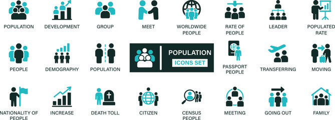 Population icon set collection. Group, meet, worldwide people, rate, leader, people, transferring, moving, nationality, citizen and best solid icon set.