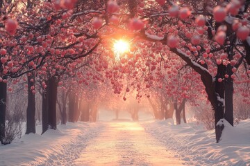 Winter wonderland orchard path at sunrise