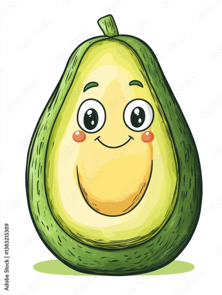 Aufkleber playful oversized cartoon avocado character with cheerful features in a vibrant grocery store settin