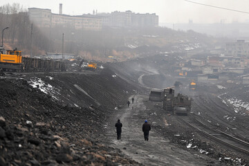 Large industrial site features workers and heavy machinery in a coal mining operation during overcast weather