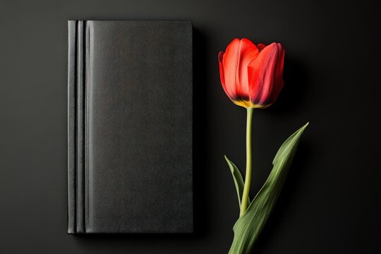 A red tulip beside a black book on a black background