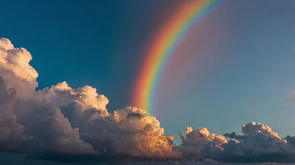 A beautiful rainbow arcs gracefully across the sky, displaying vivid colors from red to violet. 