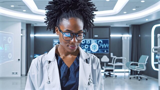 Black female doctor wearing smart glasses is using augmented reality interface while working in modern hospital room with futuristic medical equipment