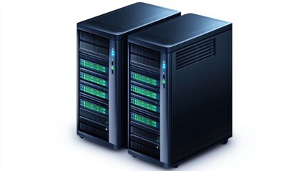 Two modern server racks are displayed side by side, featuring glowing indicators and multiple storage bays, Ideal for technology, data management, or IT infrastructure themes,