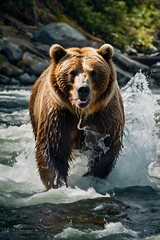 Majestic Grizzly Bear Catching Salmon in Wild River
