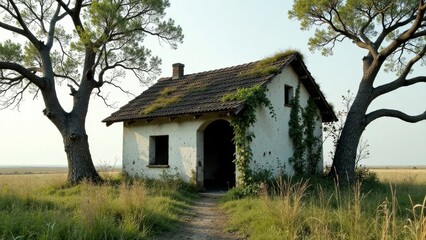 Secluded Rustic Cottage Nestled Amongst Mature Trees on a Serene Grassy Plain