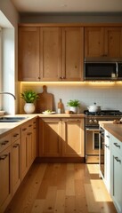 Warm wood kitchen countertop, ample copy space Soft light background , vintage, product