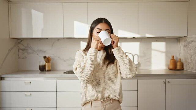 Junge Frau genie&szlig;t eine Tasse Kaffee in moderner K&uuml;che

