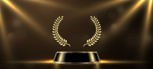 Award round podium with laurel wreath on dark background. Vector golden symbol of victory, achievement, success, rewarding of winner. © hobbitfoot