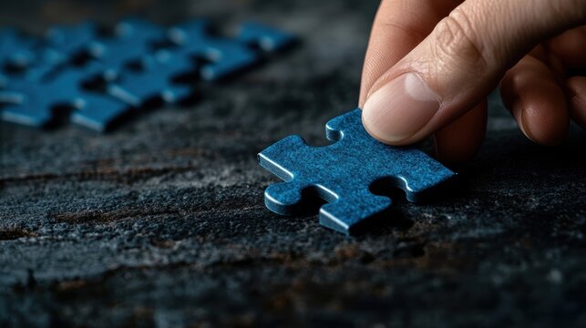 A close-up of a hand placing a blue puzzle piece on a dark surface, symbolizing problem-solving and creativity, This image is ideal for articles on teamwork, personal growth, or cognitive challenges,