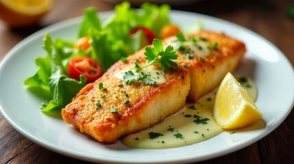 A Delicious Pan-Fried Fish Fillet with Lemon-Butter Sauce, Served with a Fresh Green Salad and a Lemon Wedge