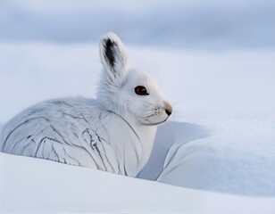 White snowshoe hare hiding in snowdrift in winter