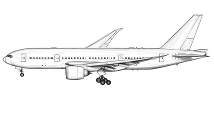 Detailed sketch of a large commercial passenger jet airplane in flight preparation for takeoff or landing.