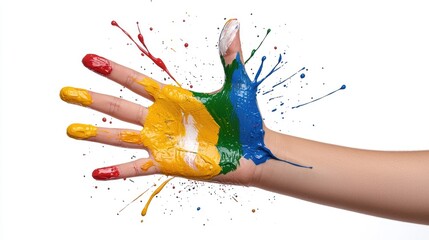 Messy hand covered in vivid paint splashes, isolated on white, artistic expression.