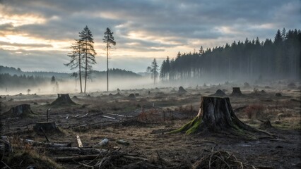 Obraz premium Deforested area with tree stumps at dawn