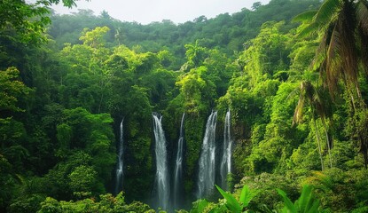 Lush tropical waterfall cascading down a verdant mountainside.  Dense jungle surrounds the falls