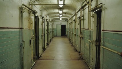 A long hallway in a jail cell block building