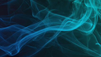 Wavy cyan smoke flows softly on dark background, creating dreamy, ethereal feeling