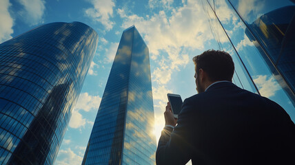 Businessman engaged in a powerful phone conversation in the city at dusk