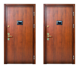 Obraz premium Modern walnut wooden looking steel two door, front door, electronic security lock system