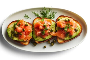 Delicious smoked salmon avocado toast with capers and dill