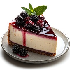 Delicious Creamy Cheesecake Slice Topped with Berry Compote and Mint