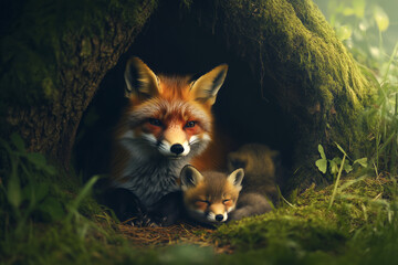 Fototapeta premium Fox and her cubs resting in a lush green forest den during the morning light, showcasing the beauty of nature and wildlife interaction
