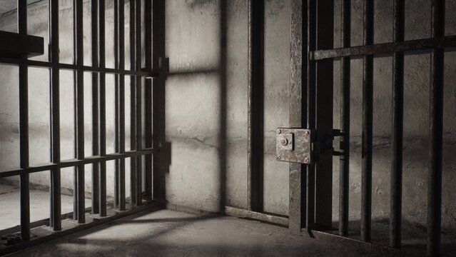 A jail cell with bars and a door, often used in crime scene or prison settings