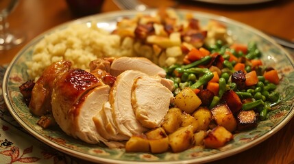 A delicious Thanksgiving dinner plate features roasted turkey breast slices, mashed potatoes, stuffing, green beans, and roasted root vegetables.