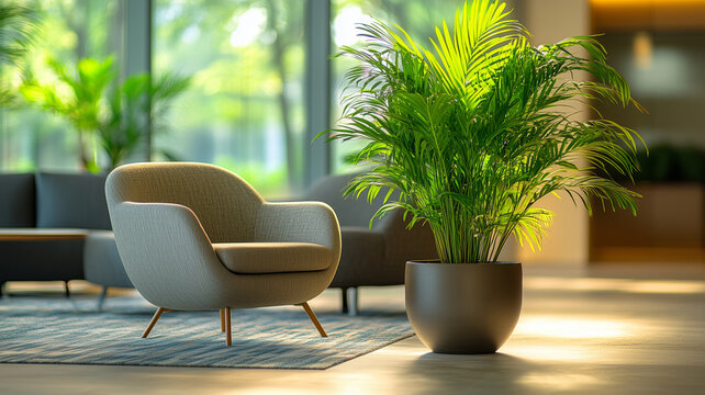 Modern office lounge design with lush green plants enhancing relaxation