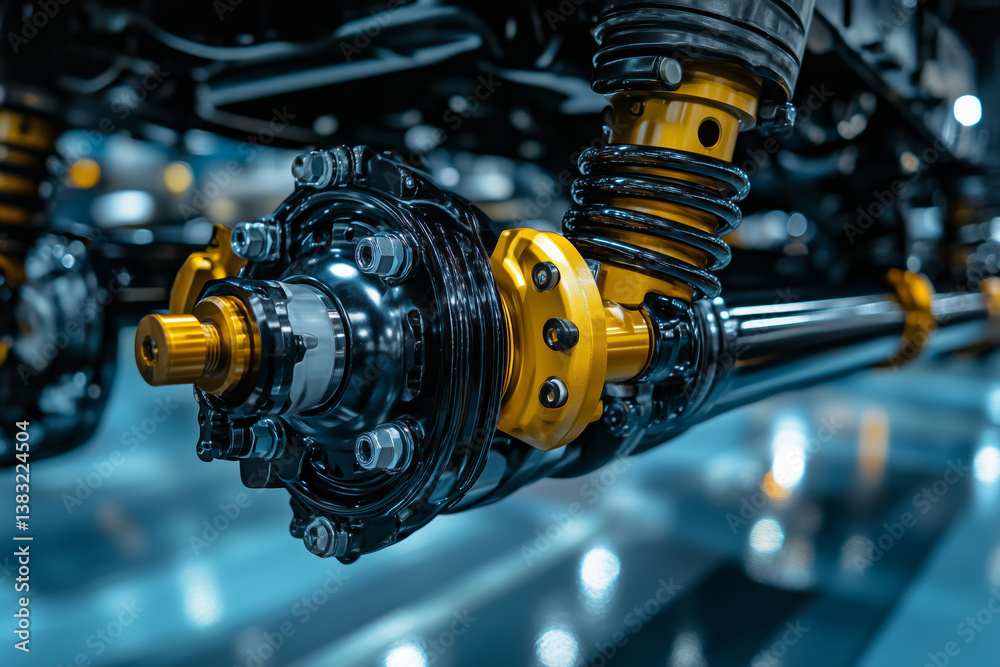 Poster detailed view of a rear drive shaft and suspension system in mpv vehicle