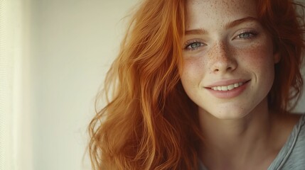 Fototapeta premium Young woman with wavy red hair and freckles smiling warmly in stylish t-shirt, conveying natural joy and confidence