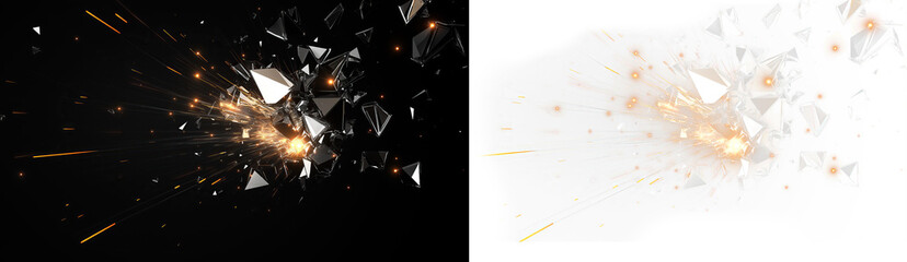 Shattered glass explosion with dynamic sparks for action scenes or UI effects isolated on transparent background