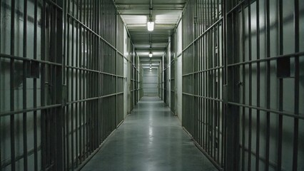 A long corridor in a prison cell block, with bars and lockers