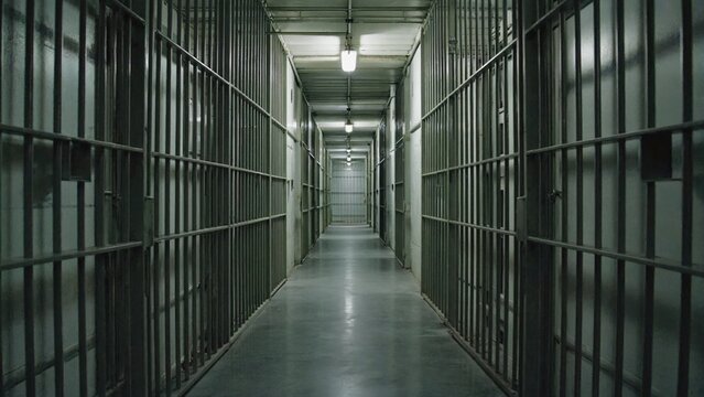 A long corridor in a prison cell block, with bars and lockers