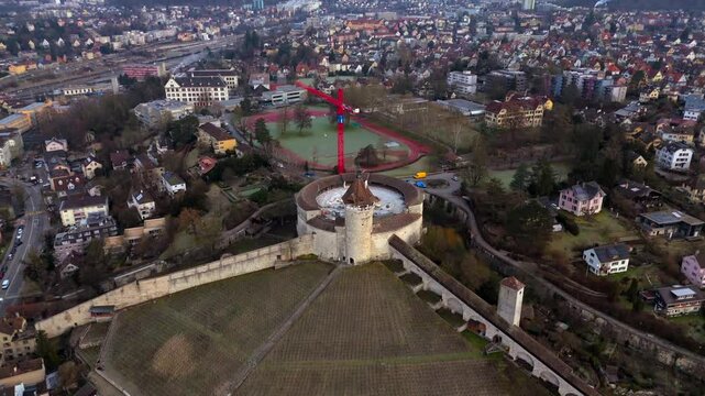 Fort Munot, Schaffhausen, Switzerland aerial view in winter warm weather at dawn. Munot ist Zirkularfestung im Zentrum schweizerischen Stadt Schaffhausen auf Emmersberg in der Schweiz Luftaufnahme. 